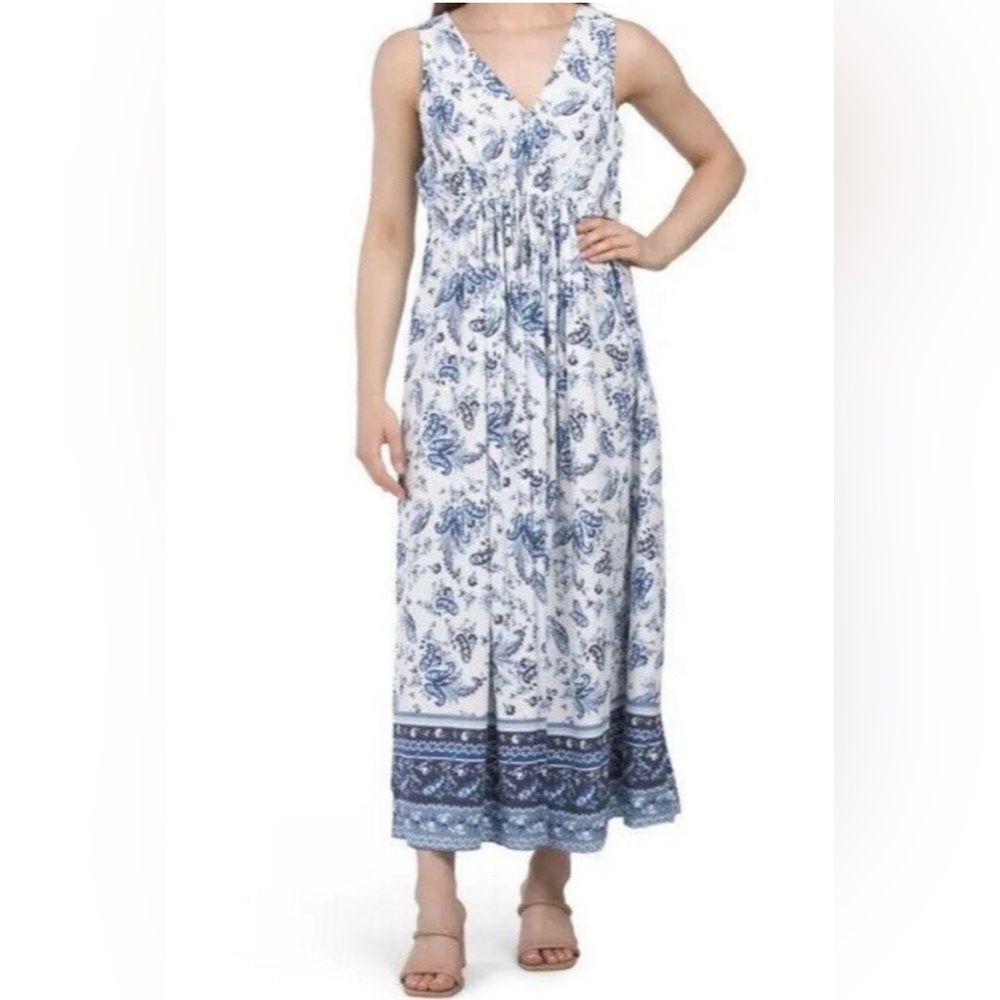 Lucky Brand Maxi Dress Blue White Paisley Sleeveless Boho Prairie cottagecore XS